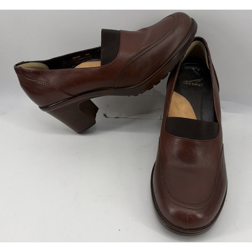 Dansko Simon Heeled Leather Clogs Elastic Gore Inserts Brown Women's 38